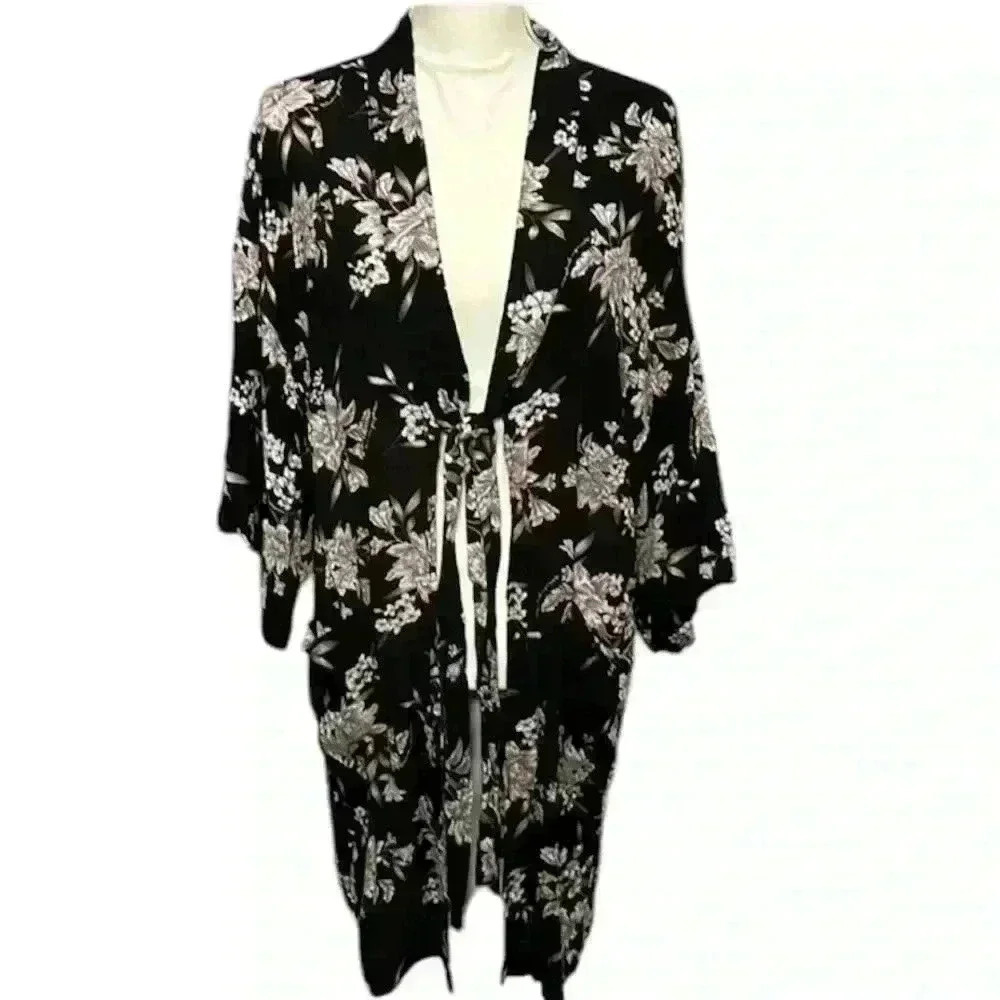 Spiritual Gangster Maya Floral Kimono Robe Black With Front Tie One Size
